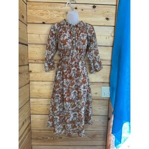 Rust Orange Floral Boho Midi Dress Ruffle Neck Elastic Waist 3/4 Sleeve